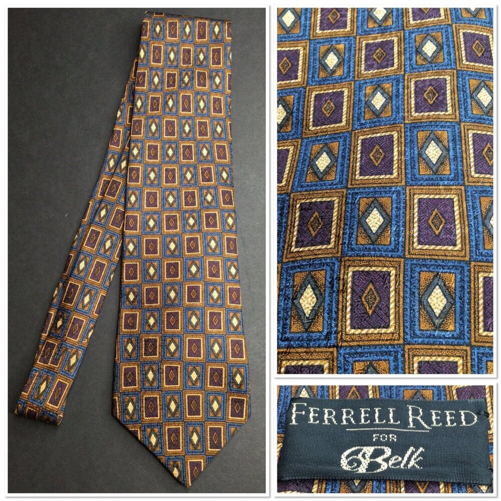 Vintage Ferrell Reed Belk Men's Square Geometric Silk Necktie Tie Classic